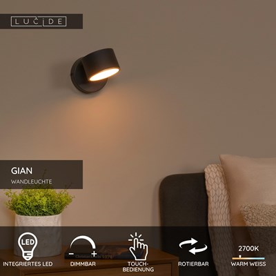 Lucide GIAN - Wandleuchte - LED Dim. - 1x9W 2700K - Schwarz